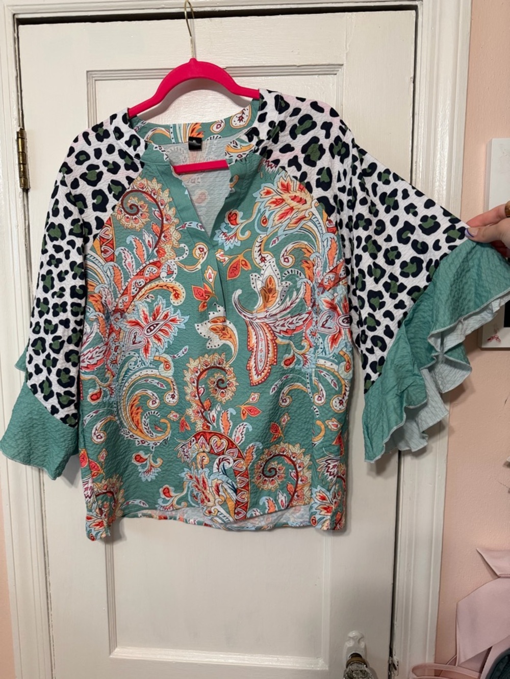 Paisley & Animal Print Ruffle Sleeve Blouse - Green